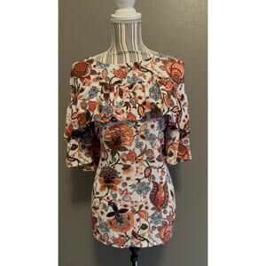LOFT Floral Ruffle Blouse XL Boho Mixed Fabric Chiffon Front Flowy Top